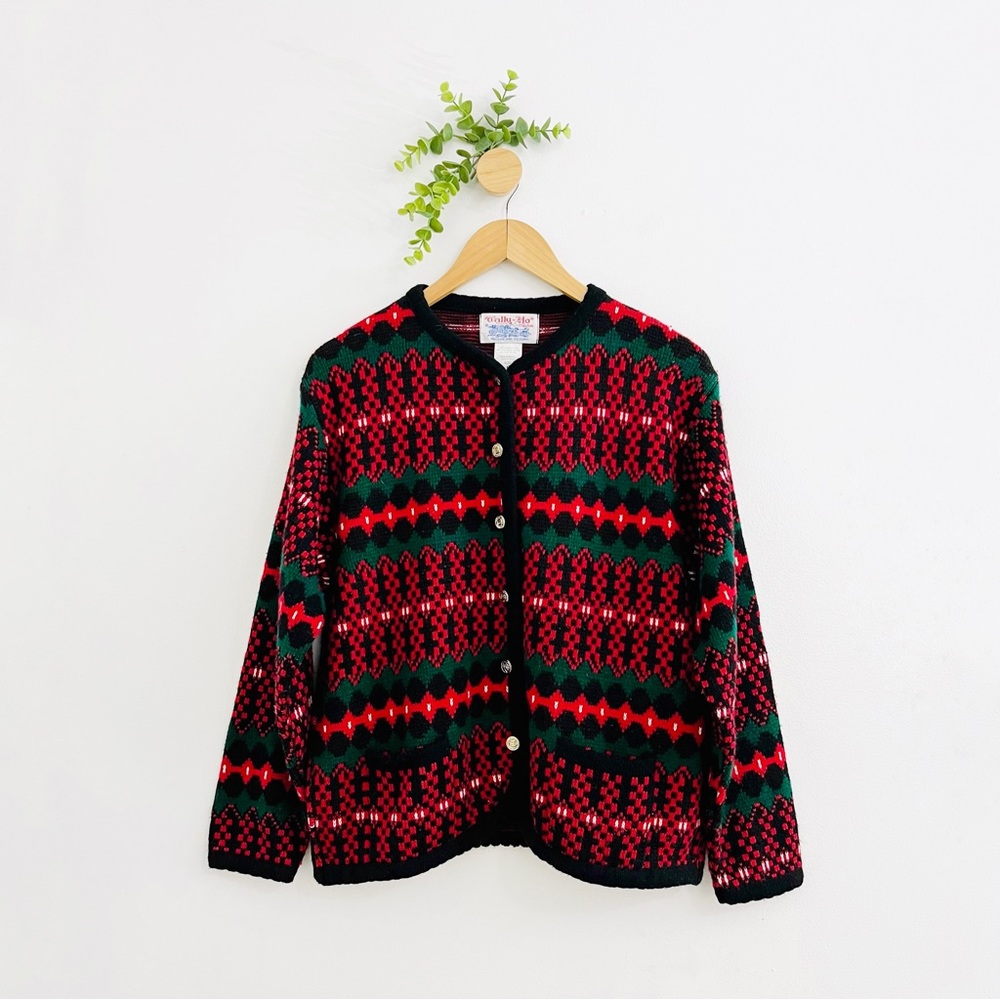 Tally Ho Creation Vintage Red Black Green Acrylic Button Front Sweater